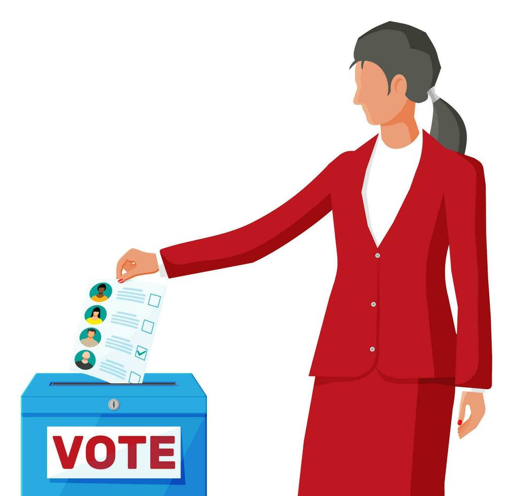 Woman putting document with candidates in ballot box. Hand with election bill. Vote paper with faces. Vector illustration in flat style