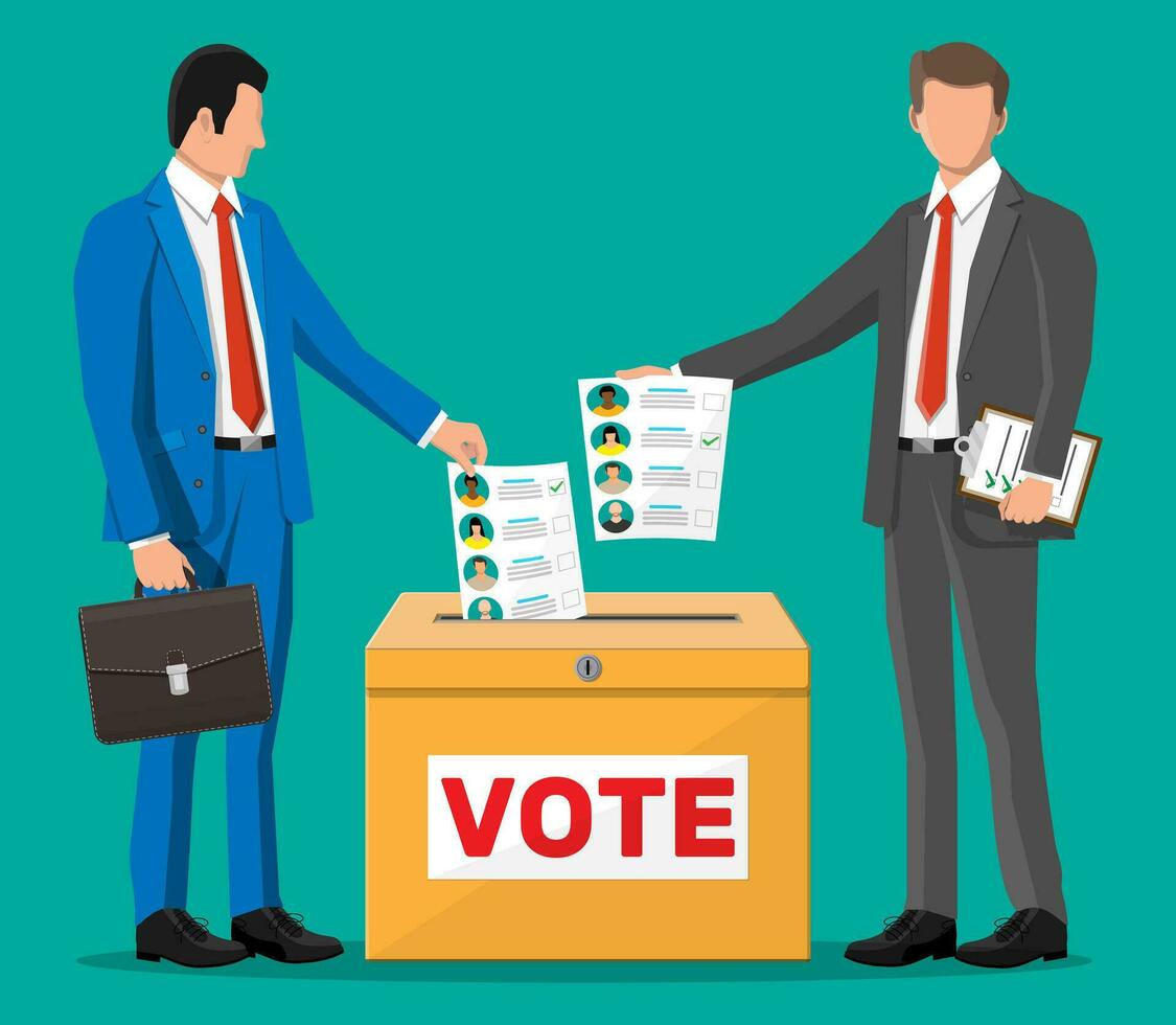 Business people putting document with candidates in ballot box. Hand with election bill. Vote paper with faces. Vector illustration in flat style
