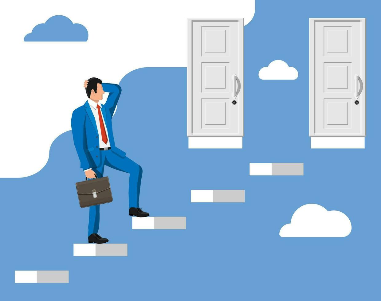 Businessman standing in front of two closed doors. Choice way. Symbol of decision and choice, opportunities or career path, decide direction. Business man before choosing. Flat vector illustration