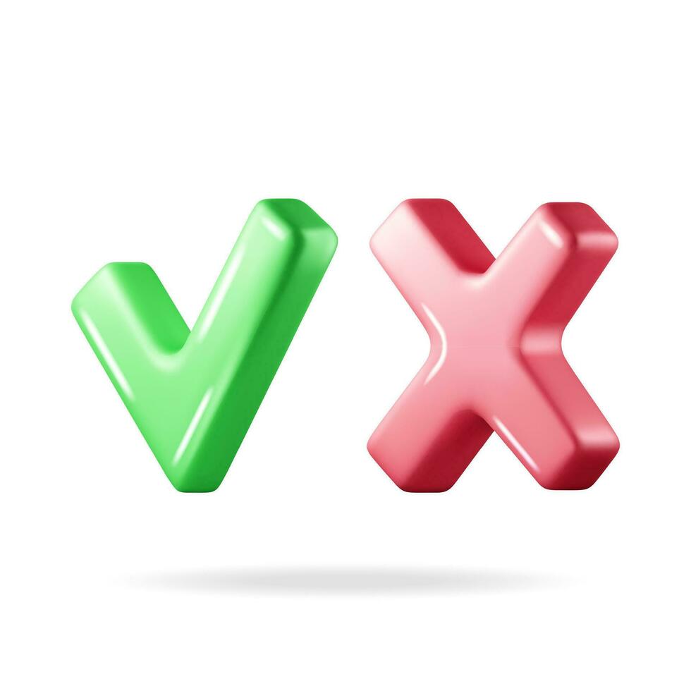 3D Right and Wrong Button Shape. Green Yes and Red No Correct Incorrect Sign. Checkmark Tick Rejection, Cancel, Error, Stop, Negative, Agreement Approval or Trust Symbol. Vector Illustration