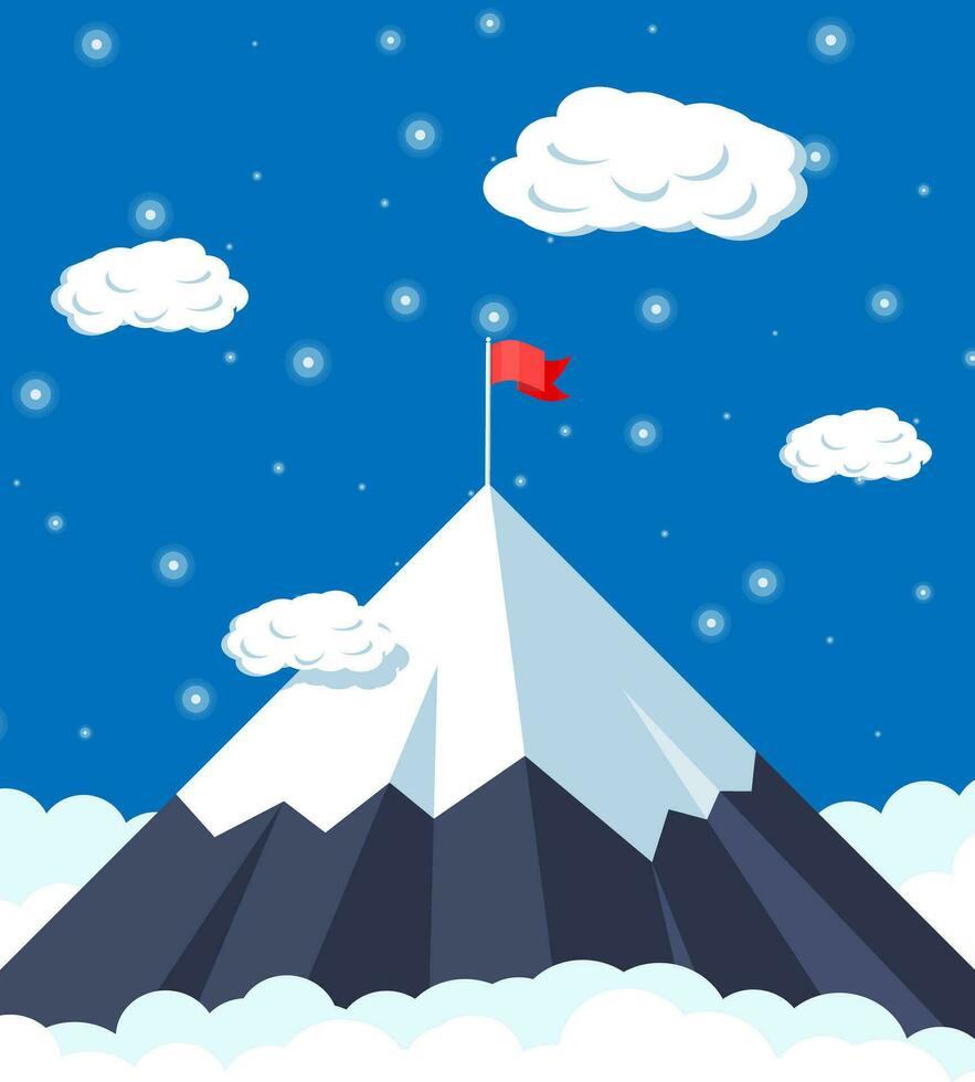 Flag on peak of mountain. Business success, target, triumph, goal or achievement. Winning of competition. Rocky mountains, sky with stars and clouds in night. Vector illustration in flat style.