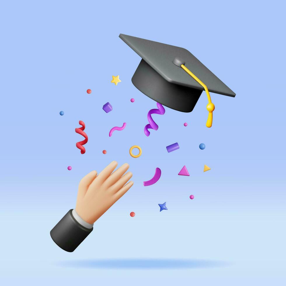 3D Hand of Graduates Throwing Graduation Hats in Air. Render Hand with Graduation Cap in Confetti. Concept of Education. College or University Ceremony. Bachelor Party. Vector Illustration