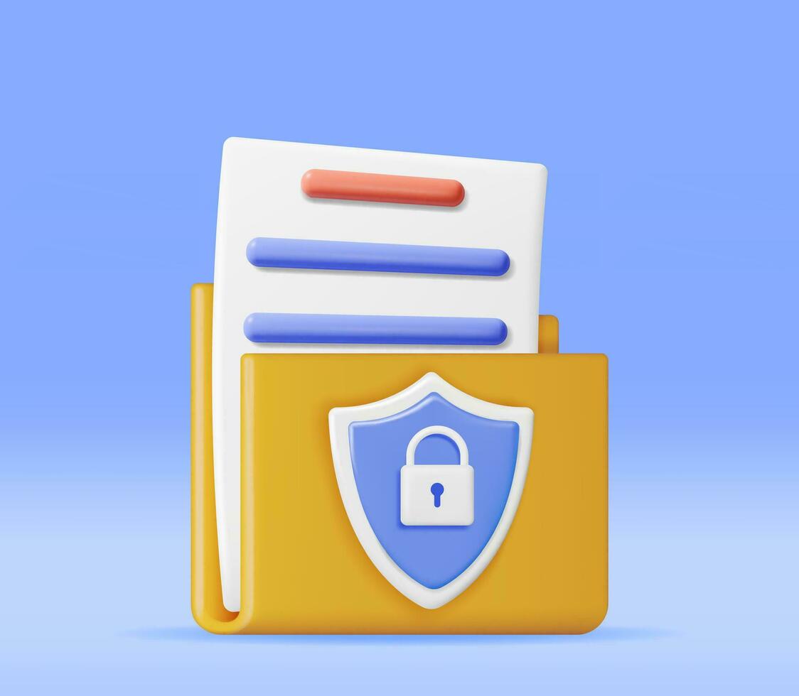 3D Document Folder with Padlock in Shield Isolated. Render Folder and Pad Lock. Concept of Business Security, Data Protection and Confidentiality. Safety, Encryption and Privacy. Vector Illustration