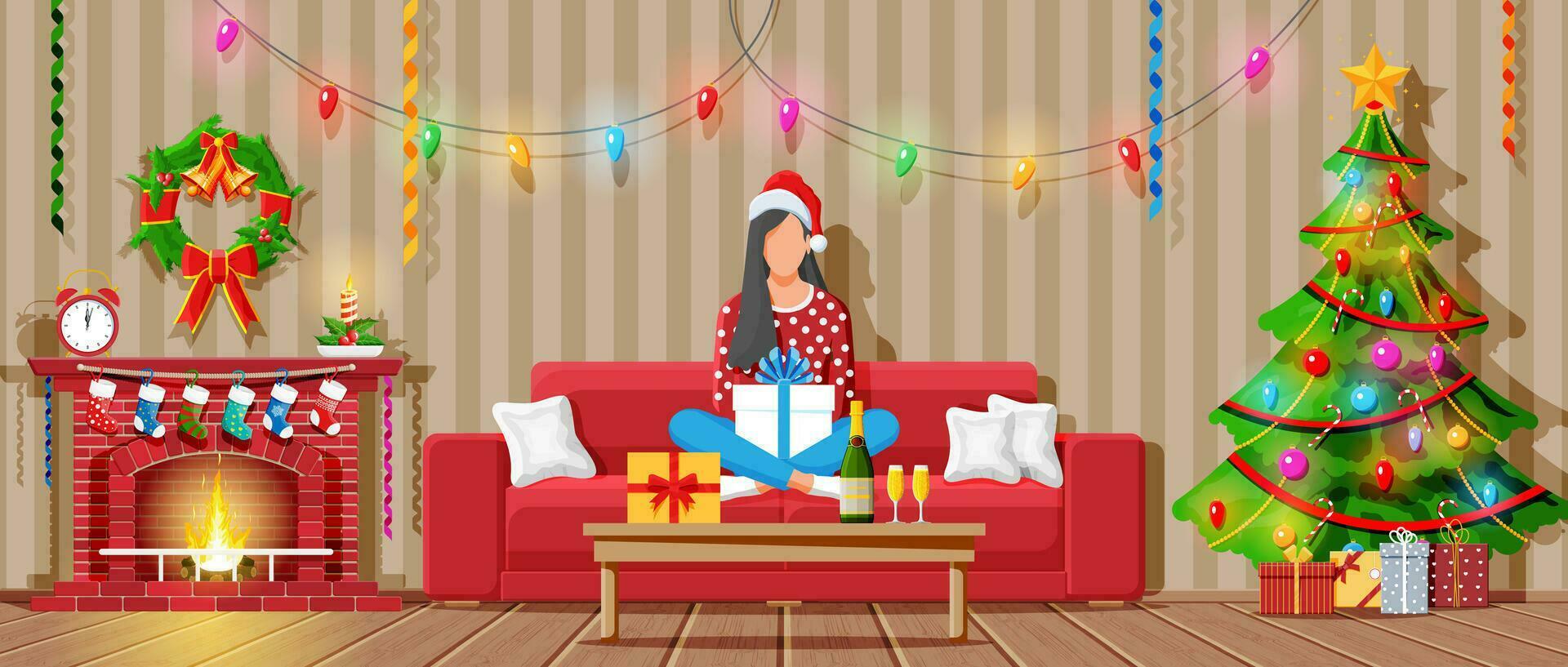 acogedor interior de vivo habitación con mujer en sofá, mesa, chimenea, Navidad árbol. contento nuevo año decoración. alegre Navidad día festivo. nuevo año y Navidad celebracion. dibujos animados plano vector ilustración