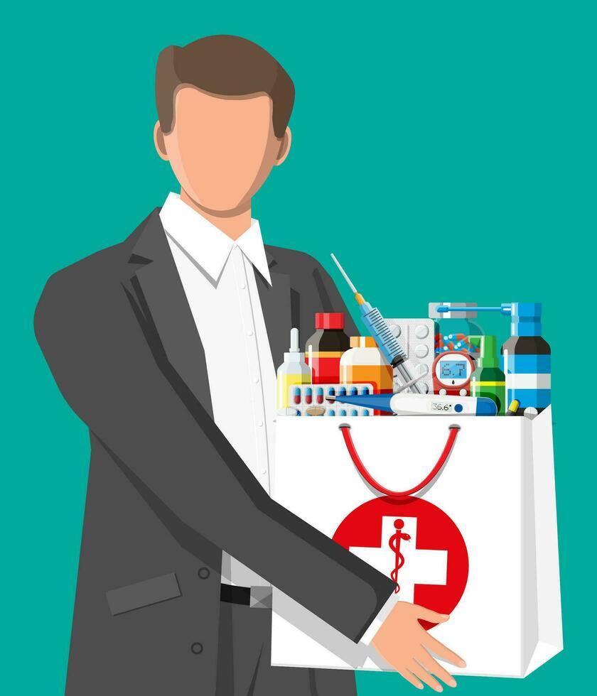 Man holding drugstore bag. Set of bottles, tablets, pills, capsules and sprays for illness and pain treatment. Medical drug, vitamin, antibiotic. Healthcare and pharmacy. Flat vector illustration