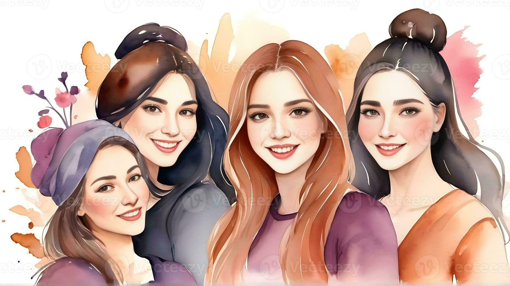 AI generated Happy women group for International Womens day , watercolor style illustration happy women day photo