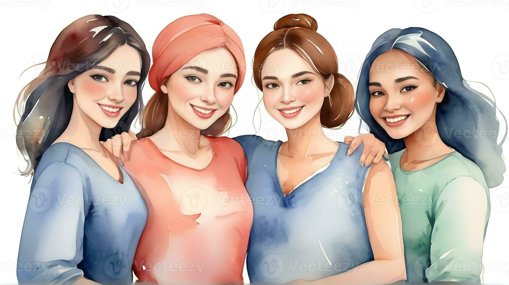 ai generado contento mujer grupo para internacional De las mujeres día , acuarela estilo ilustración contento mujer día foto