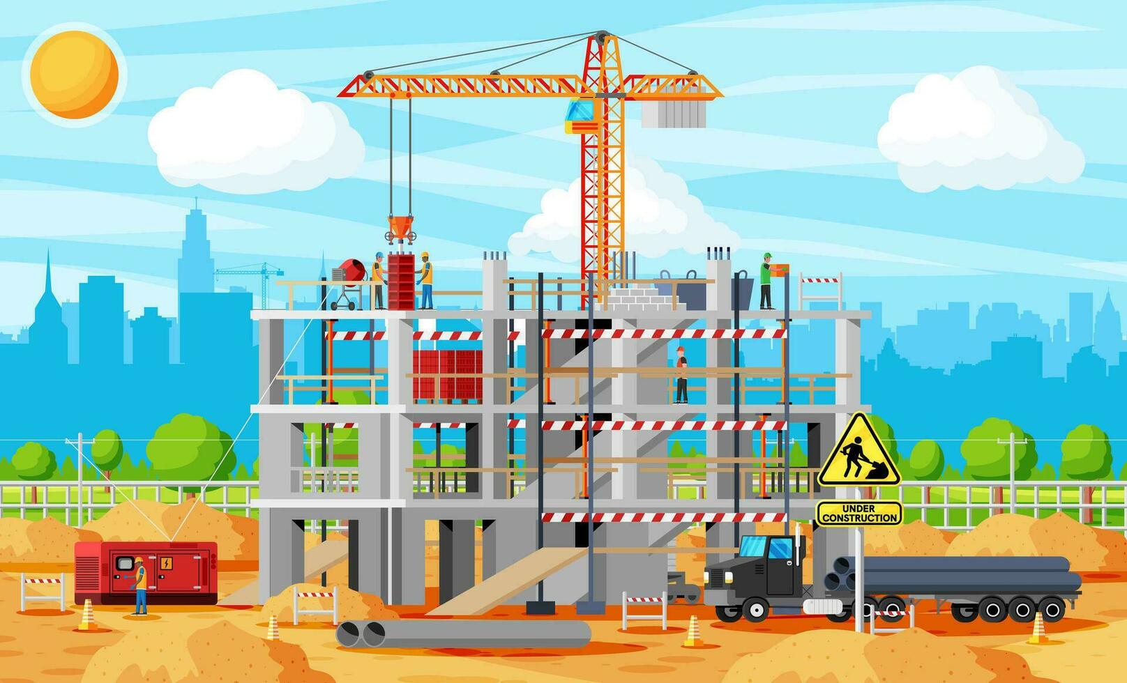 Construction Site Banner. Truck car, Workers, Concrete Piles, Tower Crane. Under Construction Design Background. Building Materials and Equipment. Cityscape, Skyline. Cartoon Flat Vector Illustration