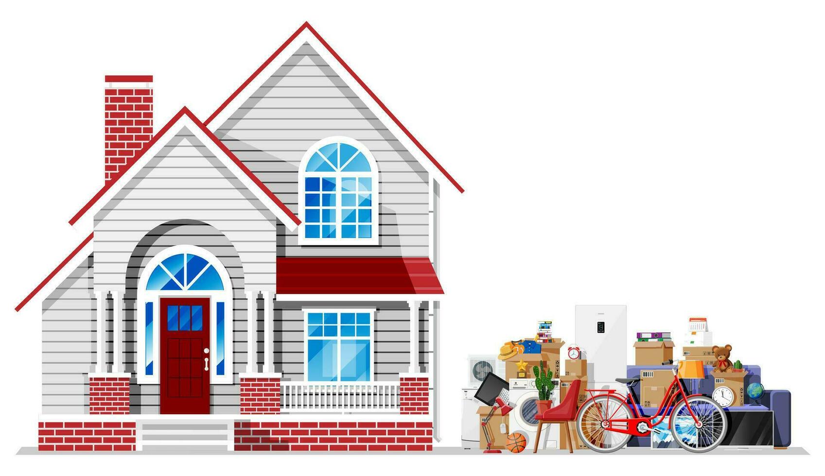 Wooden building full of home stuff inside. Moving to new house. Family relocated to new home. Boxes with goods. Package transportation. Computer, lamp, clothes, books. Flat vector illustration