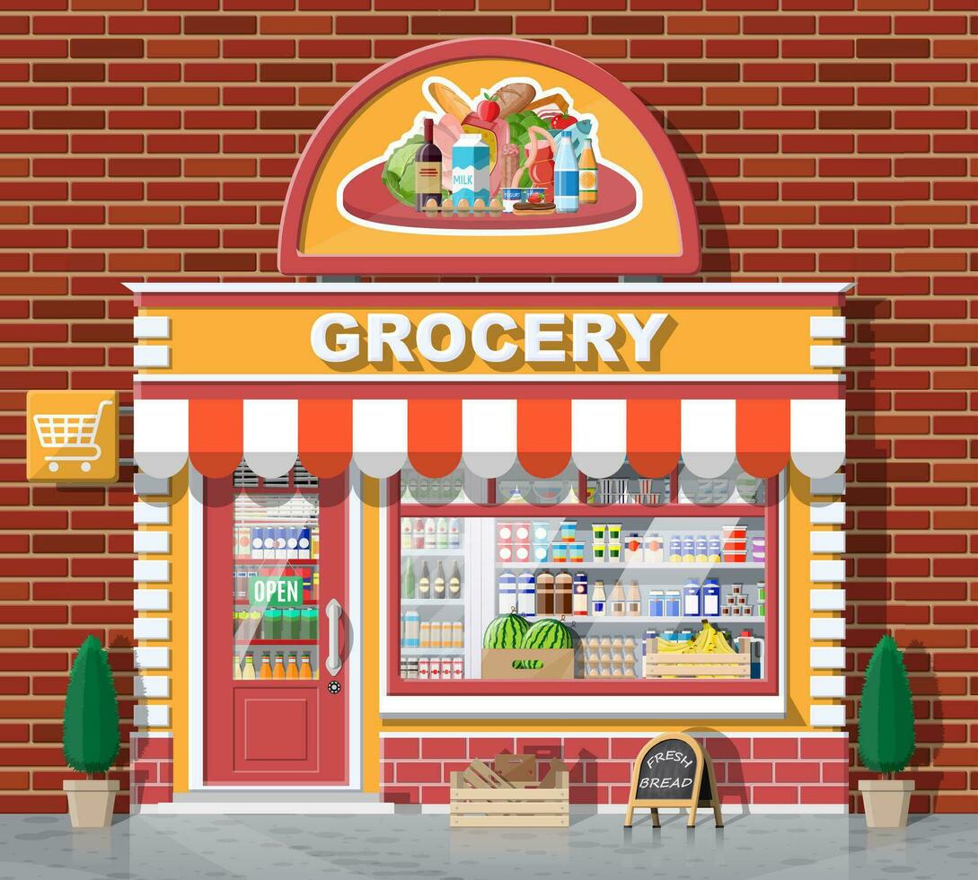 Grocery store front with window and door. Wooden and brick facade. Glass showcase of boutique. Small european style shop exterior. Commercial, property, market or supermarket. Flat vector illustration