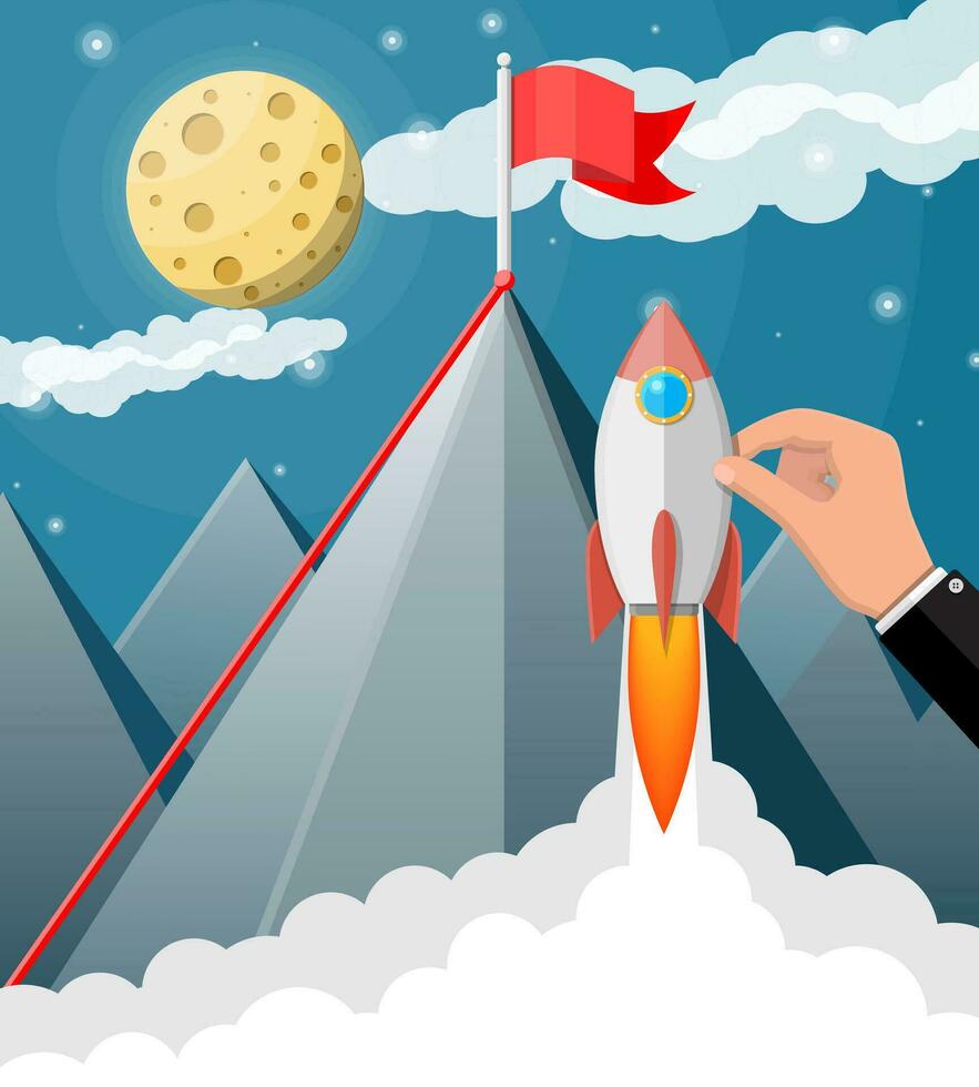 Businessman hand with space rocket ship. Flag on peak of mountain. Business success, target, triumph, goal achievement. Winning of competition. New business startup. Vector illustration flat style