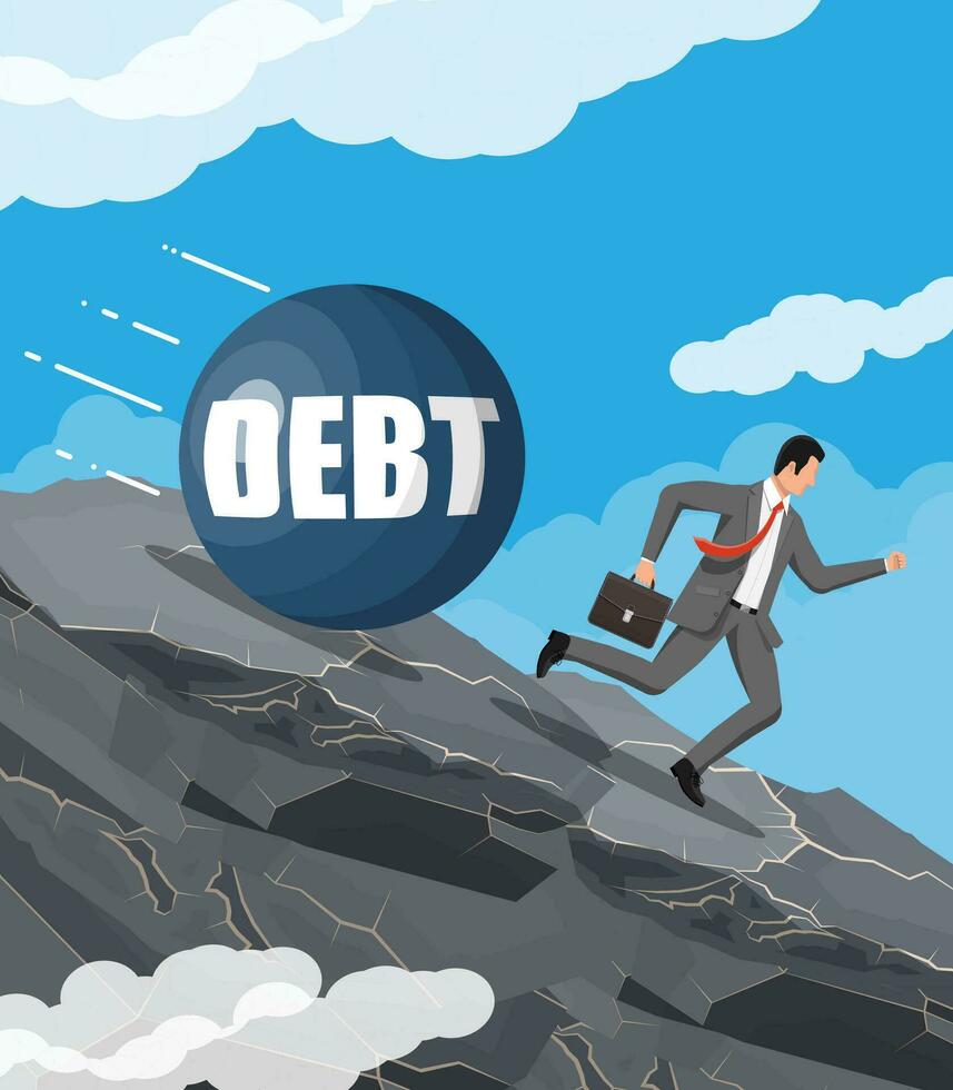 Businessman on mountain running away from big debt weight. Business man with briefcase and wrecking ball. Tax, debt, fee, crisis and bankruptcy. Vector illustration in flat style