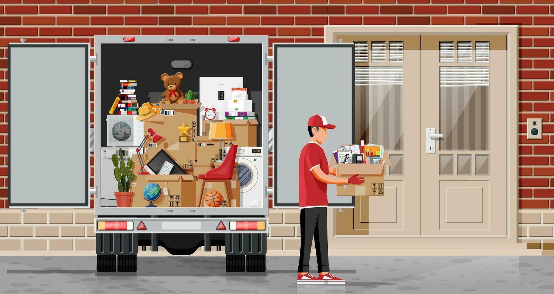 Moving to new house. Family relocated to new home. Male mover, paper cardboard boxes near house. Package for transportation. Delivery truck car, household items. Vector illustration in flat style