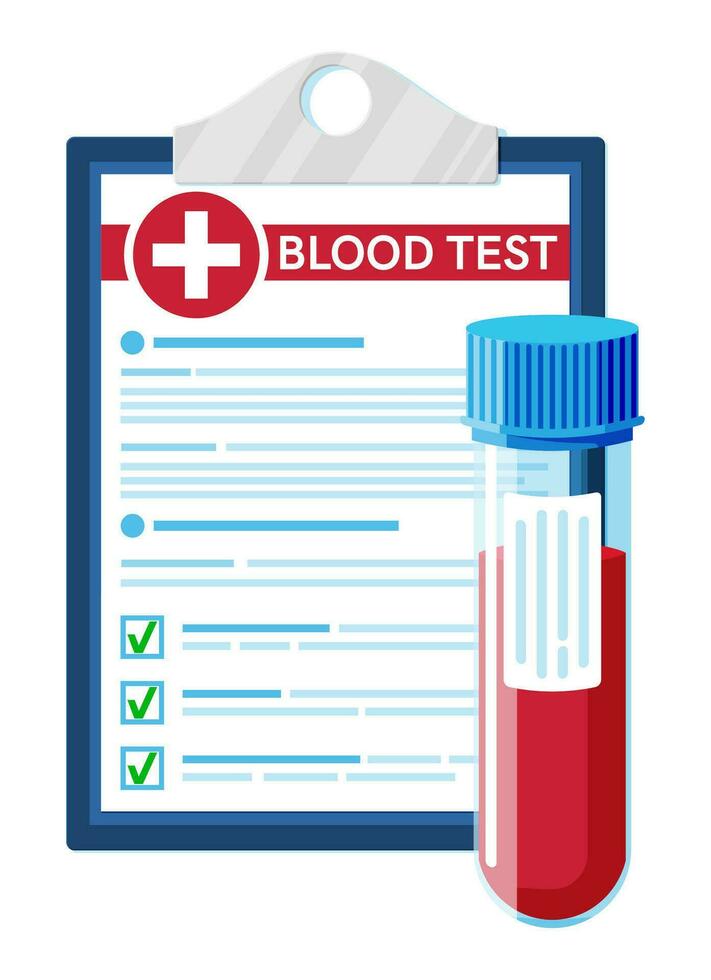 Test Tube with Blood Sample, Medical Form with Results Data Isolated. General Blood Analysis. Laboratory Container, Red Liquid. Medical Plastic Bag. Research Analysis. Flat Vector Illustration