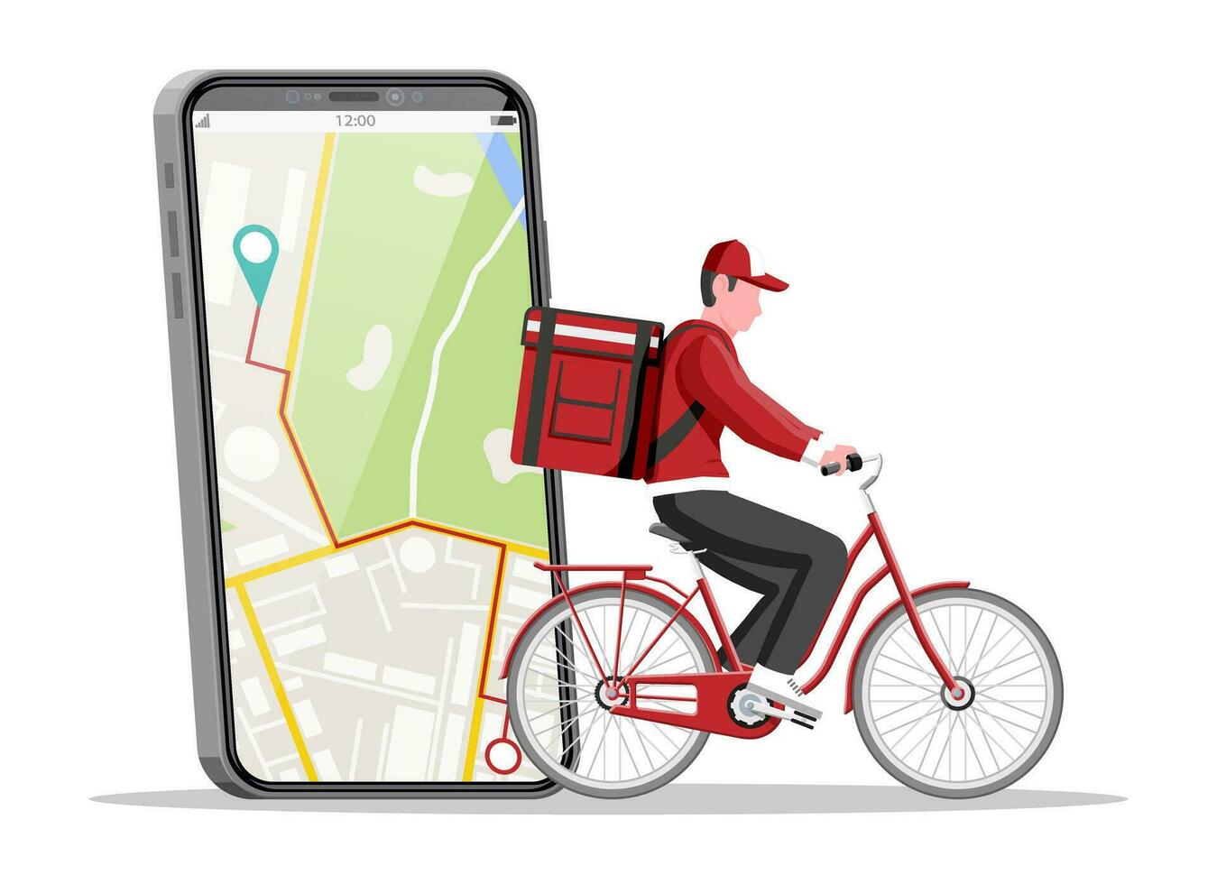 Smartphone with app and man riding bicycle with the box. Concept of fast delivery in the city. Male courier with parcel box on his back with goods and products. Cartoon flat vector illustration