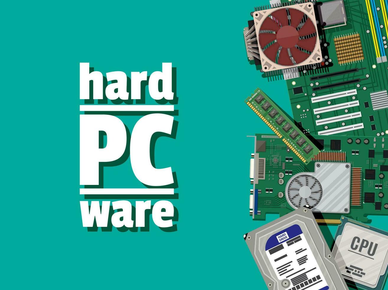 Motherboard, hard drive, cpu, fan, graphic card, memory. Set of personal computer hardware. PC components icons. Vector illustration in flat style