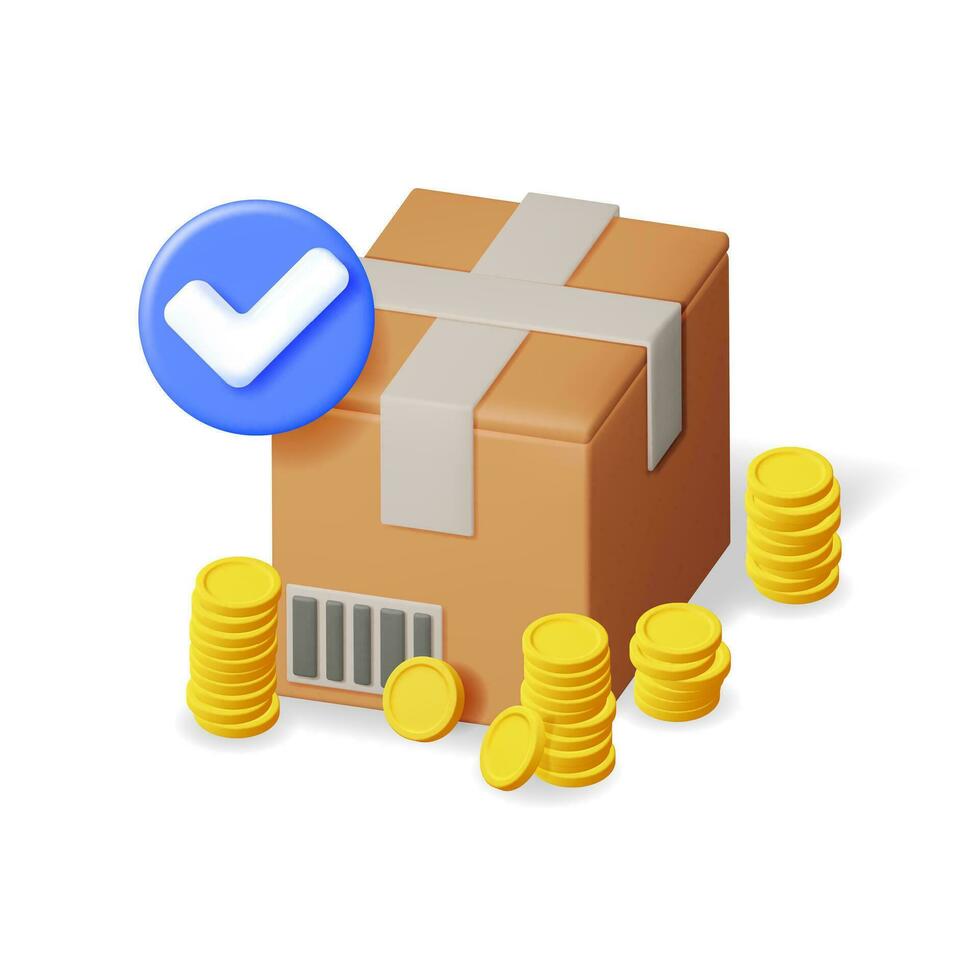 3D Cardboard Box with Gold Coins and Checkmark Isolated. Sealed Carton Package with OK Check Mark and Money. Cardboard Parcel Icon. Cargo, Delivery and Transportation. Vector Illustration