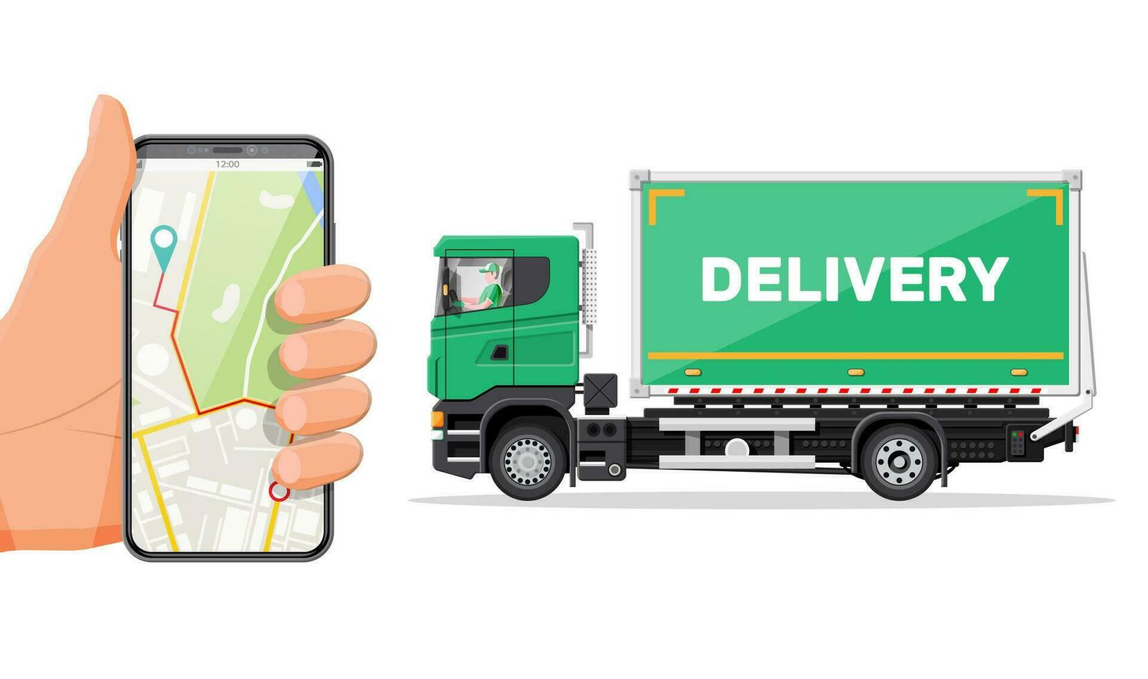 Red delivery van and smartphone with navigation app. Express delivering services commercial truck. Concept of fast and free delivery by car. Cargo and logistic. Cartoon flat vector illustration