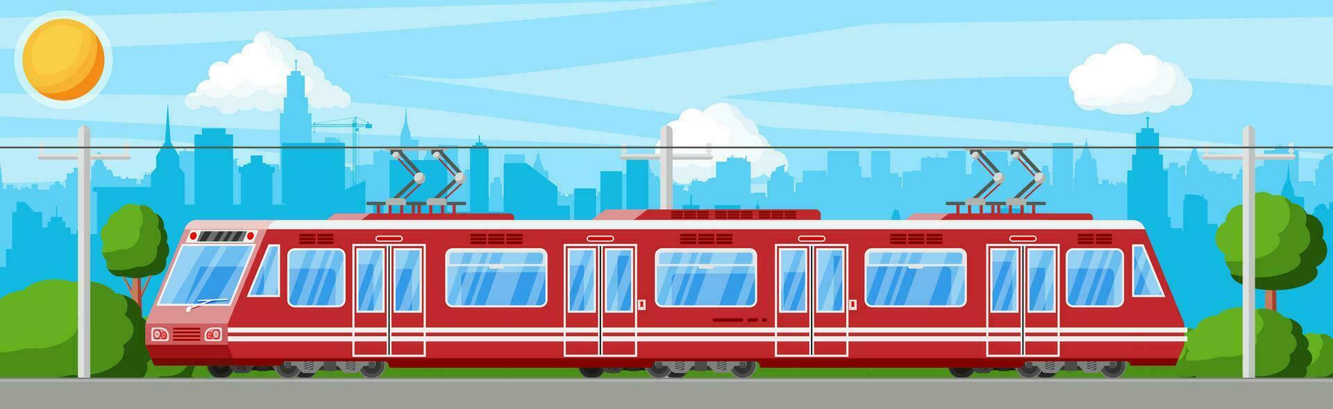 Modern Tram Train Passenger Streetcar Cityscape. City Light Rail Tramcar. Urban Electric Transport. Passenger Express Railway. Railroad Public Transportation. Rapid Transport. Flat Vector Illustration