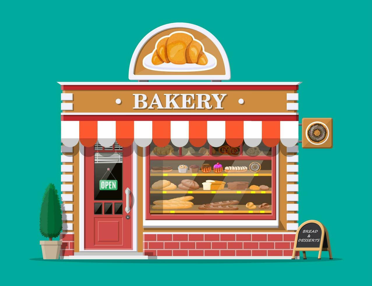 panadería tienda edificio fachada con letrero. horneando almacenar, cafetería, pan, Pastelería y postre tienda. vitrinas con varios un pan y pasteles productos mercado o supermercado. plano vector ilustración