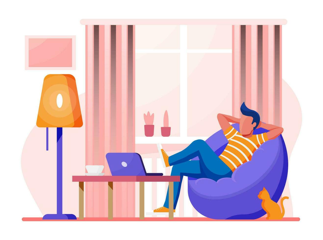 Freelancer with laptop in beanbag chair. Relaxed freelance businessman work at home. Character in casual clothes sitting with computer. Table, lamp, coffee and plant. Flat style vector