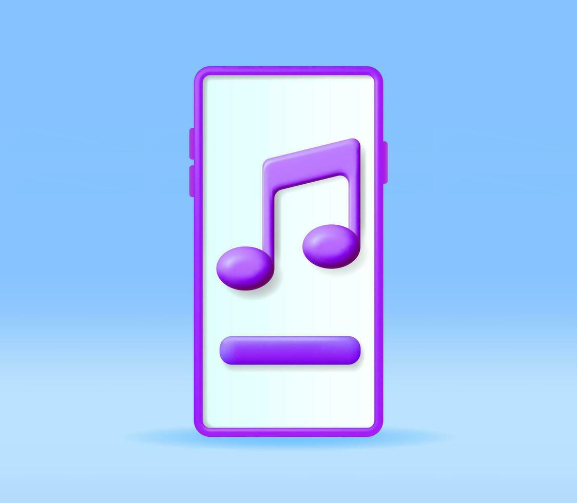 3D Music Note in Mobile Phone. Render Smartphone Streaming Music Platform Icon. Modern Music Service Symbol. Note Realistic Design. Musical Note, Sound, Song or Noise Sign. Vector illustration