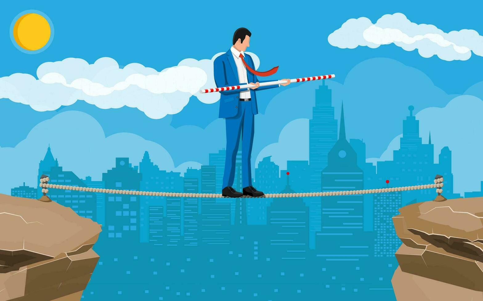 Businessman in suit walking on rope with balancer stick. Business man walking on tightrope gap. Obstacle on road, financial crisis. Risk management challenge. Vector illustration in flat style