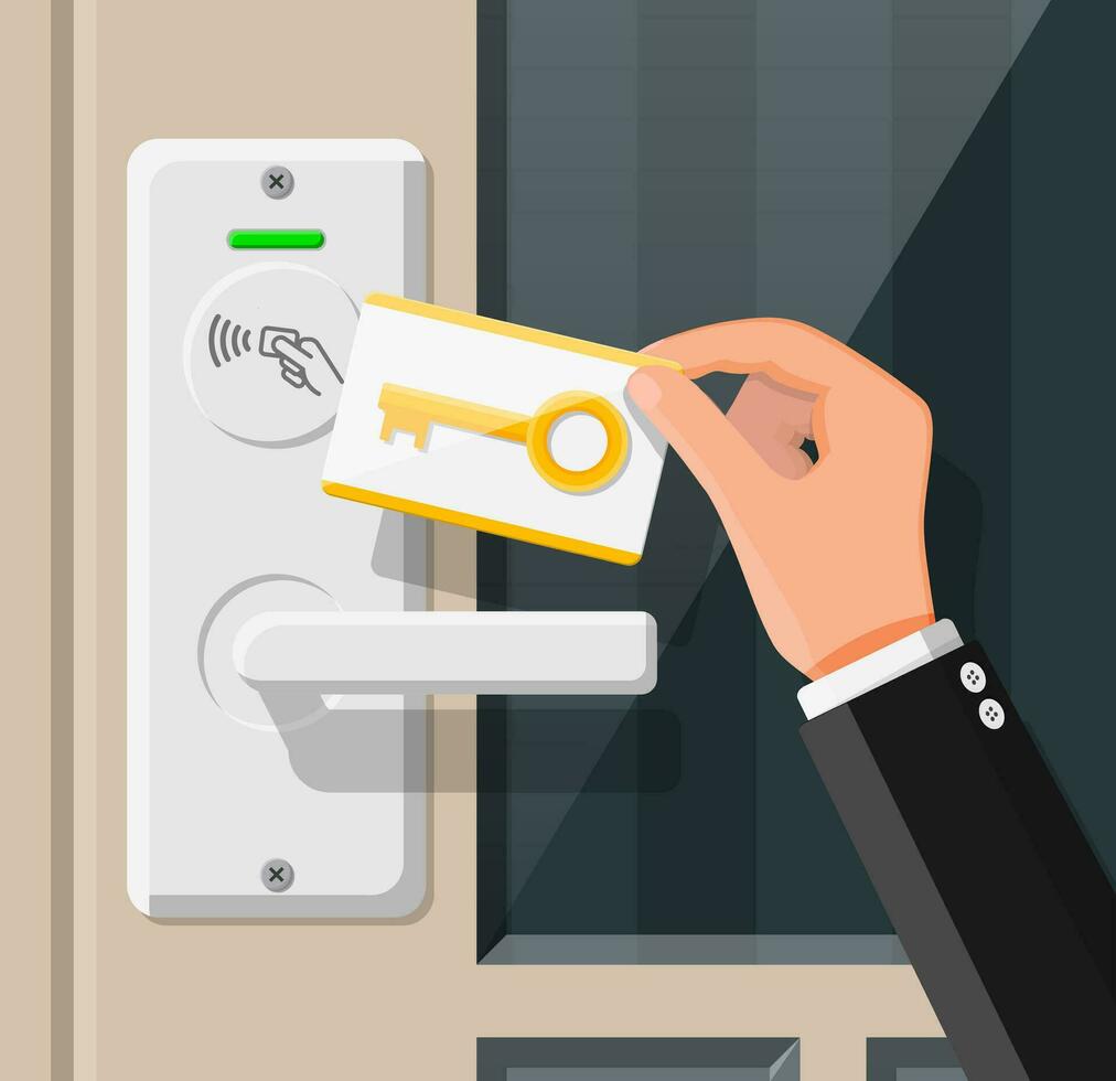 inalámbrico llave tarjeta en humano mano con invitado habitación puerta encargarse de sensor. concepto de acceso identificación. acceso controlar máquina. proximidad tarjeta lector. vector ilustración en plano estilo