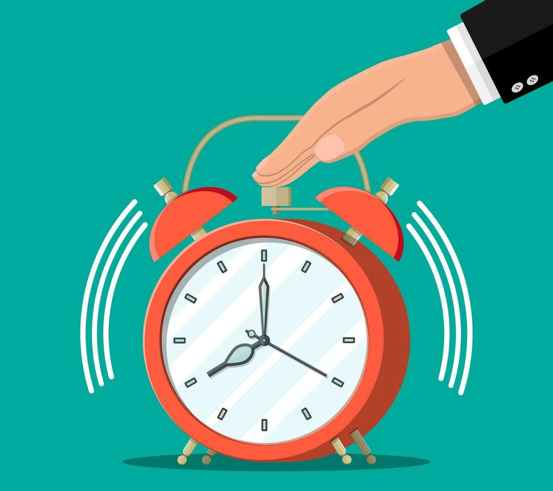 Hand with red alarm clock. Control strategy and tasks, business projects planning time management, deadline. Time management. Vector illustration flat style