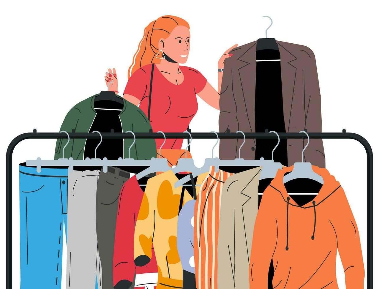 Woman Near Rack with Clothes. Womens Clothes on Hanger. Home or Shop Wardrobe. Clothes and Accessories. Various Hanging Clothing. Jacket, Shirt, Jeans, Pants. Cartoon Flat Vector Illustration