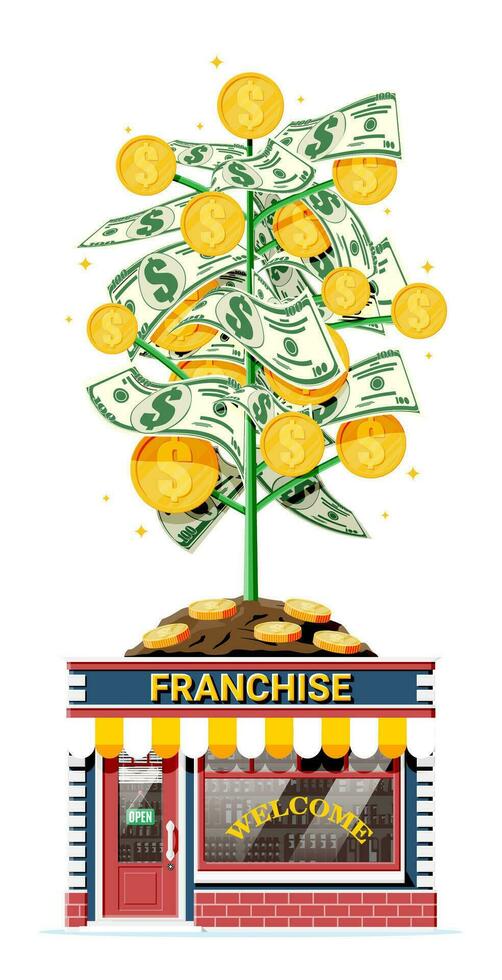 Successful franchise business with money tree. Franchising shop building or commercial property. Real estate business promotional, sme. Selling buying new business. Flat vector illustration