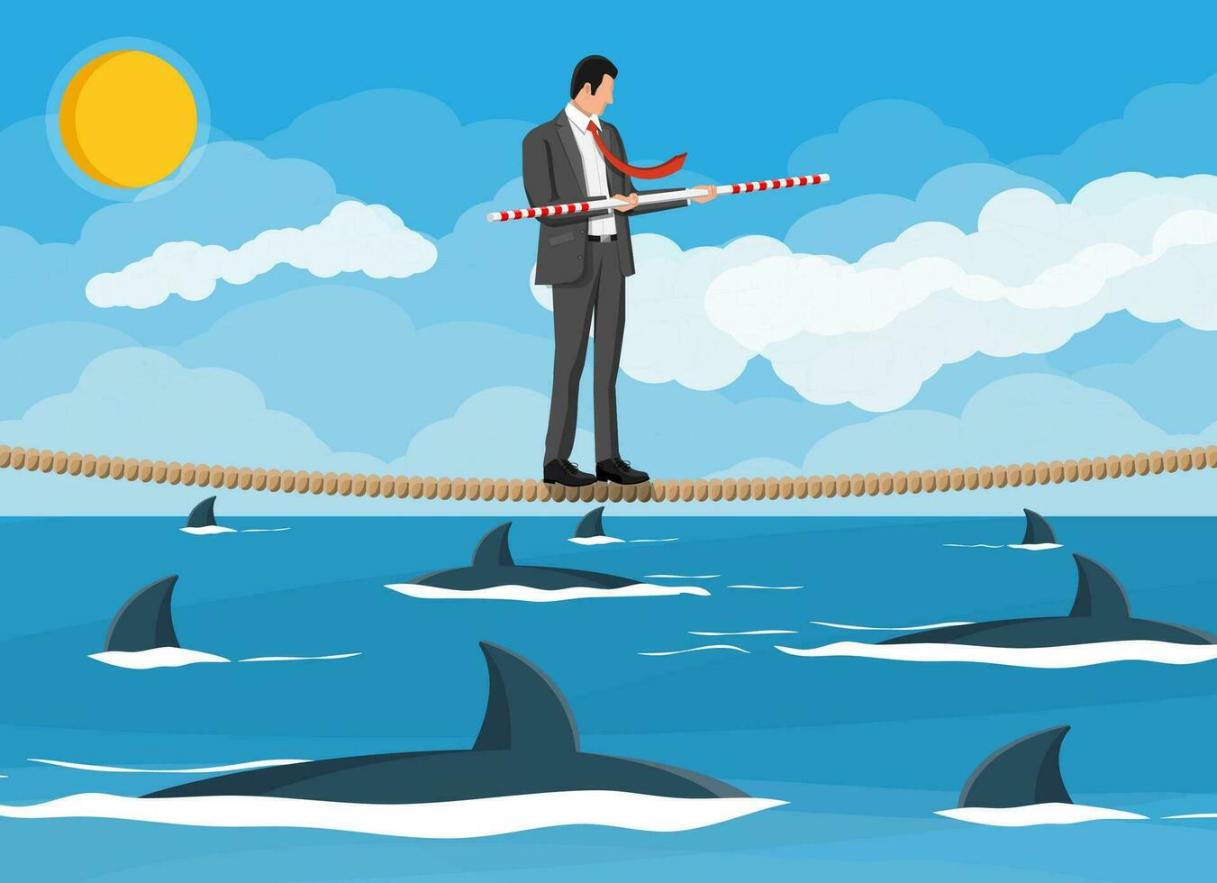 Businessman walking a tightrope over shark in water. Businessman in suit walking on rope with balancer stick. Obstacle on road, financial crisis. Risk management challenge. Flat vector illustration