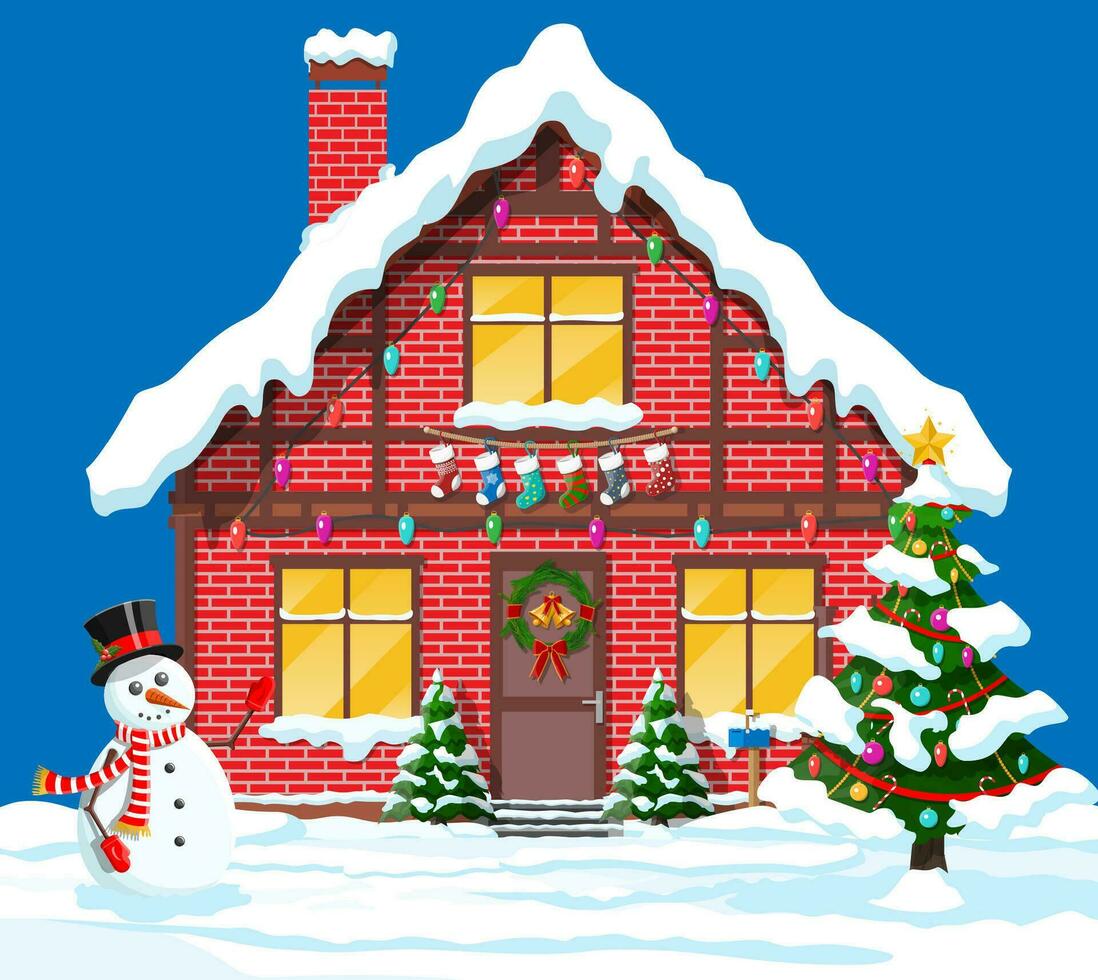 Suburban house covered snow. Building in holiday ornament. Christmas tree spruce, snowman. Happy new year decoration. Merry christmas holiday. New year and xmas celebration. Vector illustration