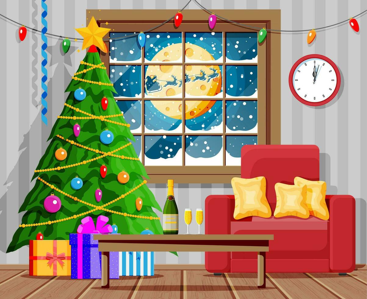 Cozy Interior of Living Room with Window, Armchair, Table, Christmas Tree. Happy New Year Decoration. Merry Christmas Holiday. New Year and Xmas Celebration. Cartoon Flat Vector Illustration