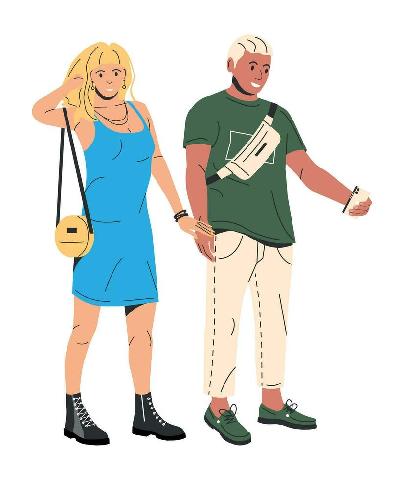 Women in Dress and Man with Waist Bag Isolated. Fashion Girl with Bag in Long Shoes. Trendy Man in Casual Clothes with Phone. Fashionable Lifestyle. Stylish Couple. Flat Vector Illustration