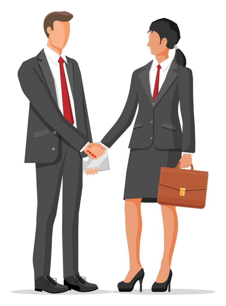 Man and woman in business suits with case and laptop shaking their hands. Relations of partnership concept. Business people partners handshake. Successful transaction, deal. Flat vector illustration