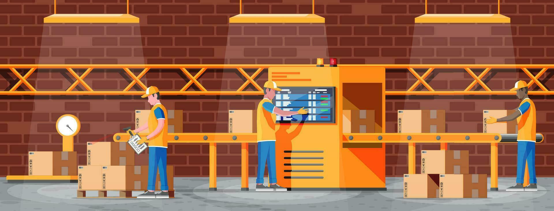 Conveyor belt machine concept in warehouse. Modern factory equipment. Warehouse process service. Package X-ray baggage. Security, logistic and delivery. Cartoon flat vector illustration