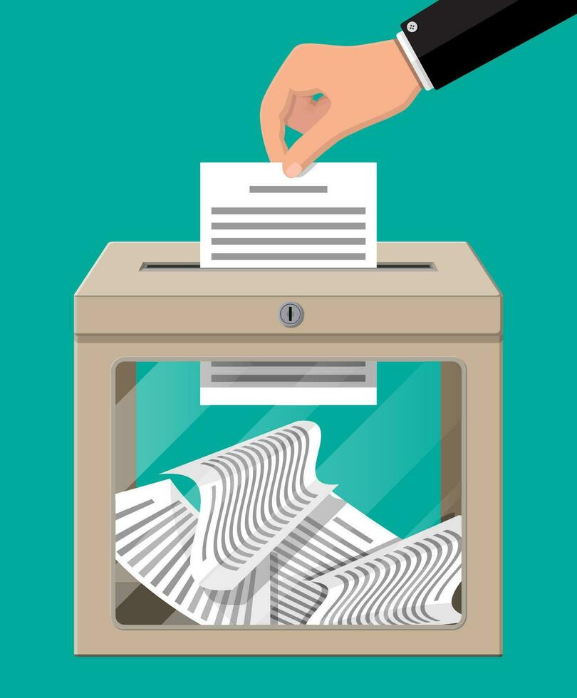 Ballot box. Container with glass window and lock full of documents papers. Voting case for suggestions elections. Box for tips and donations. Vector illustration in flat style