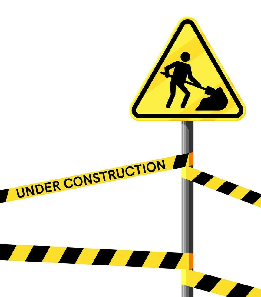 Under Construction Sign with Man Digging Ground. Road Construction Site Sign with Yellow Ribbon. Worker with Shovel. Road and House Building. Cartoon Flat Vector Illustration