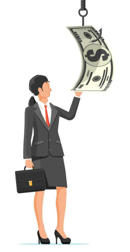 Businesswoman trying to get dollar on fishing hook. Money trap concept. Hidden wages, salaries black payments, tax evasion, bribe. Anti corruption. Vector illustration in flat style