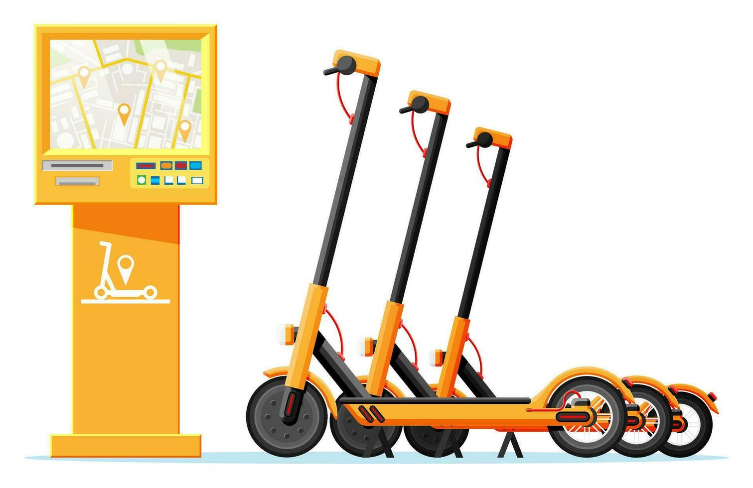 Renting Electric Scooter Concept. Electric Terminal and Kick Scooter. Rent of Scooters Service, Rental Sharing App. Modern Urban Transportation. Cartoon Flat Vector Illustration