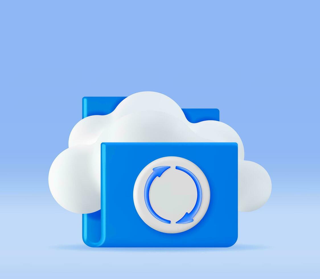 3D Folder in Clouds with File Sync Icon Isolated. Render Computer File Folder with Synchronization Cloud. Data Center, Cloud Storage Concept. Online Backup. Internet Archive. Vector Illustration