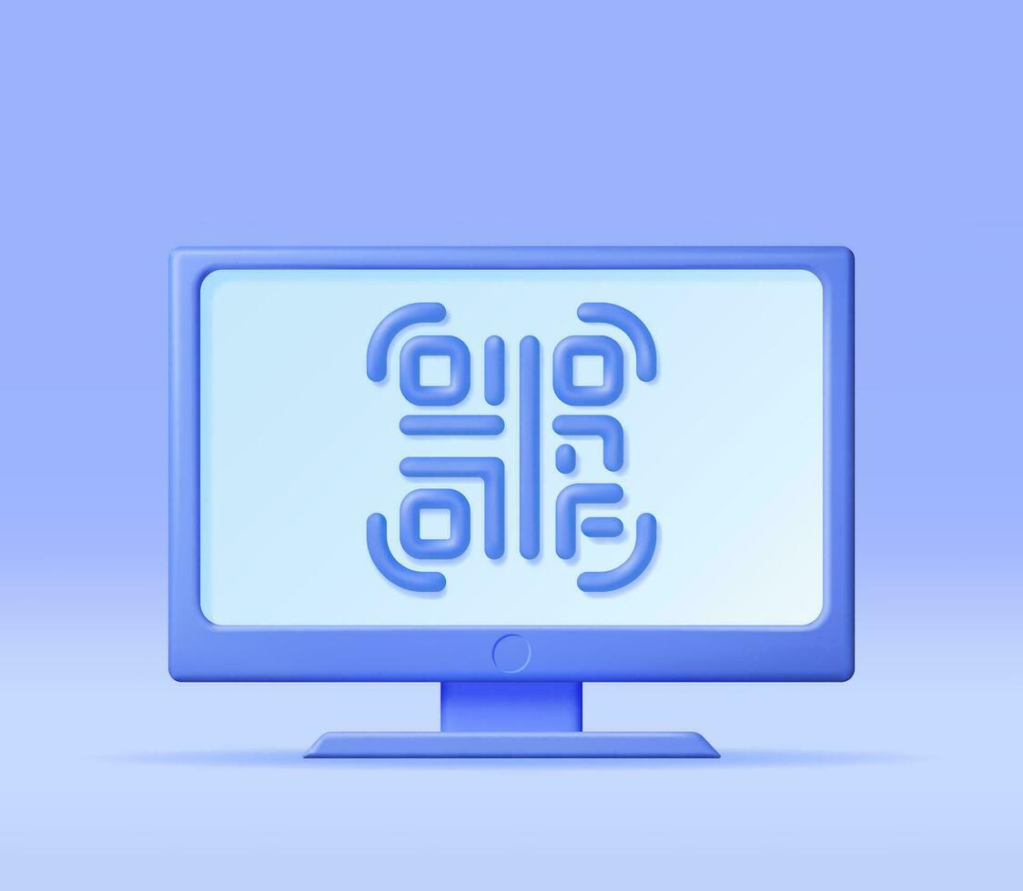 3d QR Code Icon on Computer. Render Modern QR Code Symbol. Concept of Online Shopping. Advertisement, Marketing and Promotion. Scan Code for Verification Payment or identification. Vector Illustration