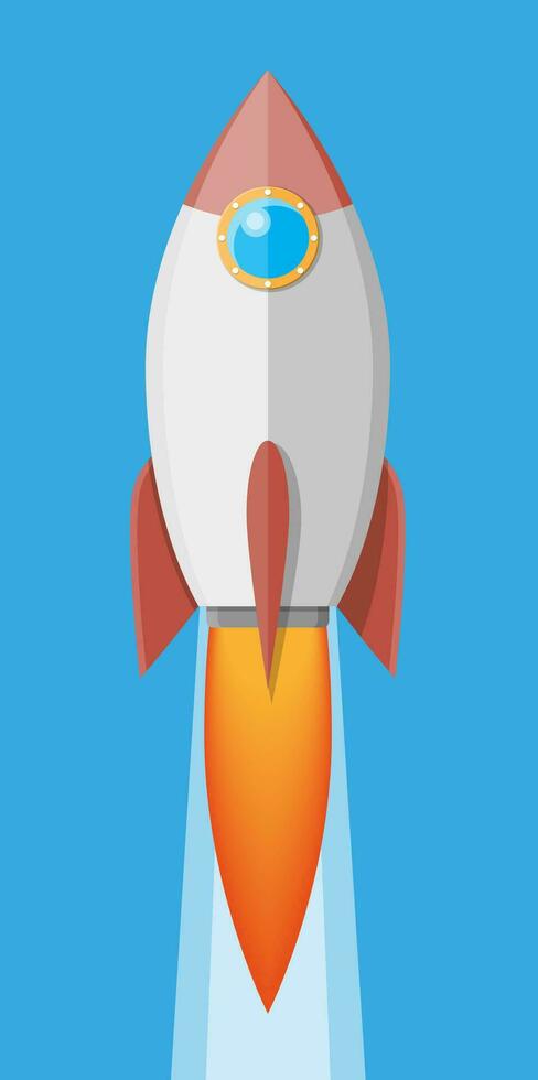 Cartoon rocket in the sky. Space ship take off. Business startup concept. Vector illustration in flat style