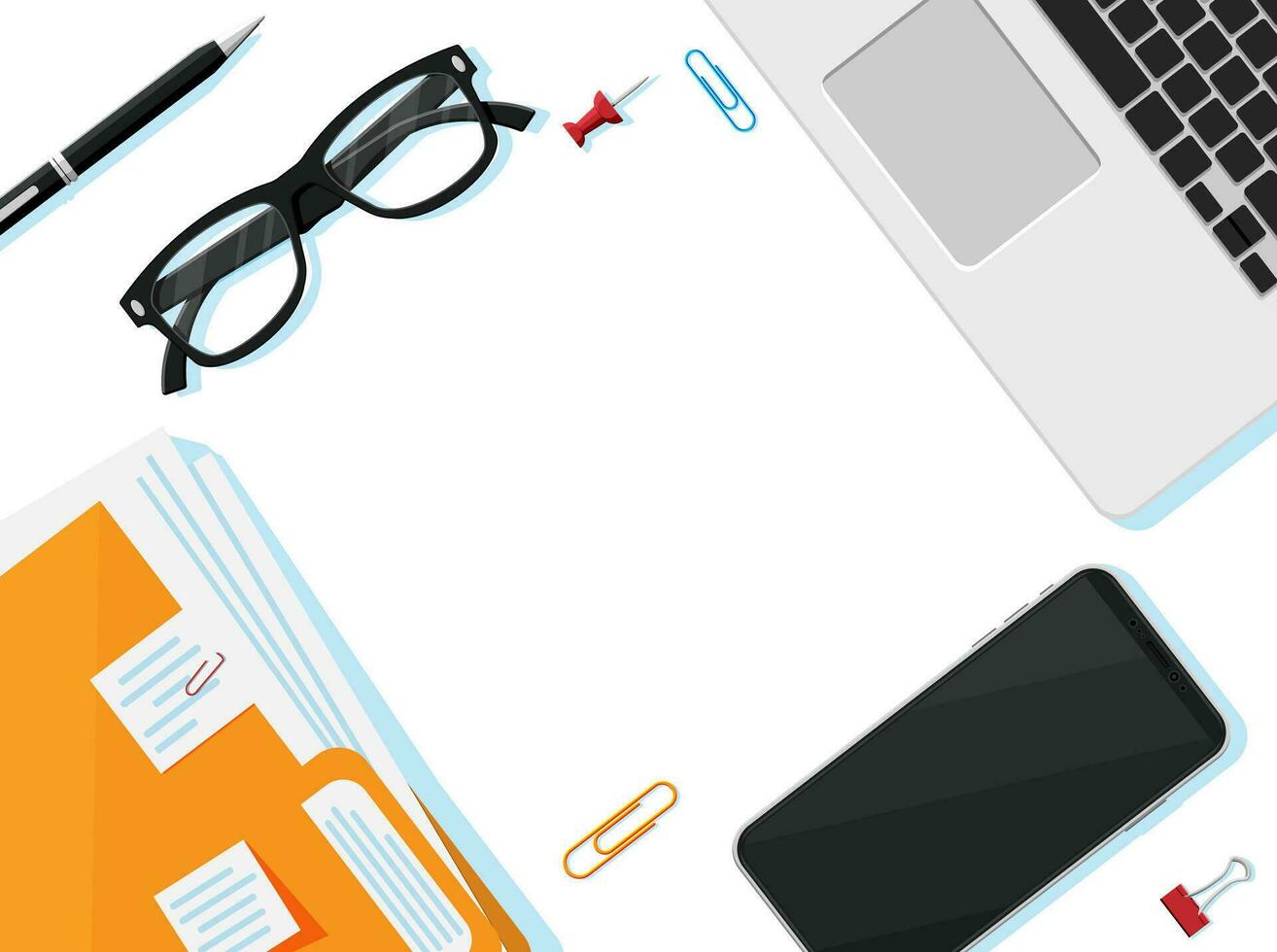 Desk with Office Supplies on White Background with Copy Space. Table with Laptop, Eyeglasses, Folder with Documents, Pencil, Pen, Smartphone, Paper Clips. Work Space Concept. Flat Vector Illustration