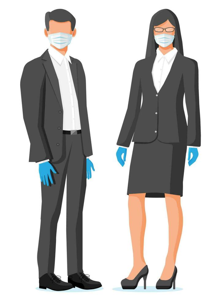 People wearing virus protection medical face mask and rubber gloves. Disposable mask on person face. Cloth respirator. Prevention against virus covid-19 coronavirus ncov. Flat vector illustration