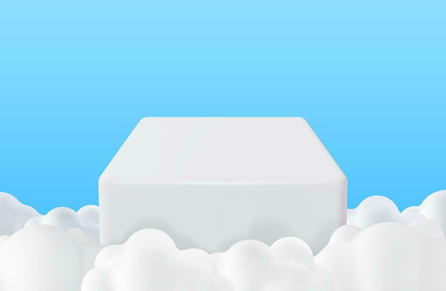 3D White Podium in Fluffy Clouds Background. Render Podium in Cloudy Scene. Abstract Platform in Blue Sky with Cartoon Clouds. Product Display Presentation Advertisement. Realistic Vector Illustration