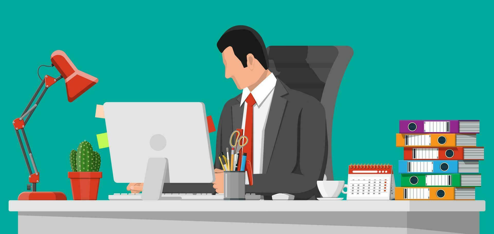 Businessman at work. Office desk with computer chair, lamp, coffee cup, cactus document papers. Calendar, stationery, folders. Modern business workplace. Home workspace table. Flat vector illustration