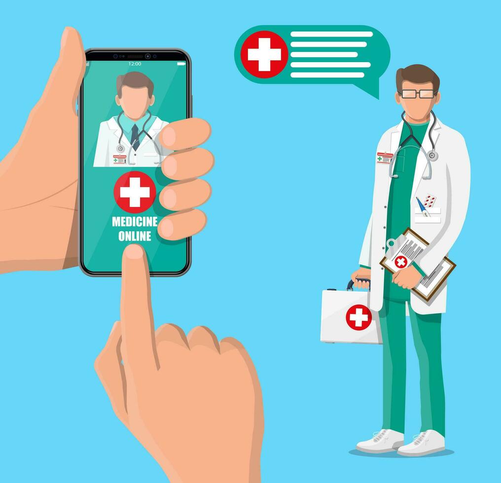 Mobile phone with telemedicine app. Pills and bottles, medicine online. Medical assistance, help, support. Doctor with first aid kit. Health care application on smartphone. Flat vector illustration