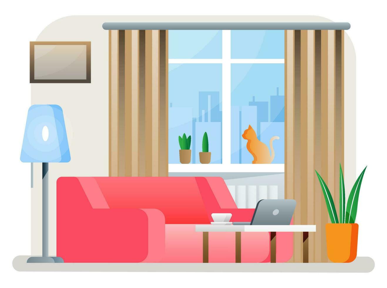 interior de moderno vivo habitación. sofá, planta, escritorio con computadora portátil, lámpara. gato sentado en ventana con cortinas hogar decoración en minimalista diseño. plano estilo vector